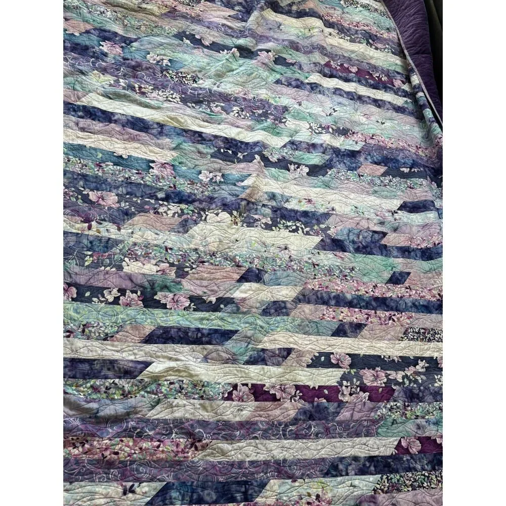Handmade Floral Patchwork Quilt Full Queen 84x94 Purple Reversible Plush Back